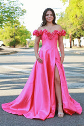 Pink Off the Shoulder A-Line Satin Long Corset Prom Dress with 3D Flowers