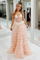 Sparkly Blush Spaghetti Straps Tulle Tiered A-Line Long Prom Dress with Beading