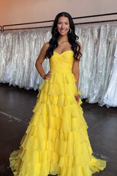 Yellow Sweetheart Chiffon Tiered A-Line Long Prom Dress