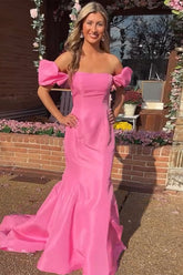 Pink Mermaid Off the Shoulder Satin Long Prom Dress Puff Sleeves