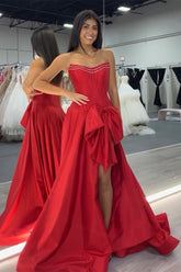 Trendy Red Strapless A-Line Satin Long Coret Prom Dress with Bow