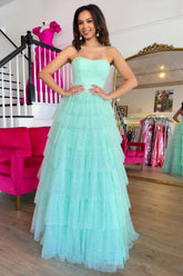 Sky Blue Sweetheart Tulle Tiered A-Line Long Prom Dress with Slit