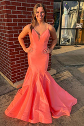 Orange Spaghetti Straps Satin Mermaid Long Prom Dress with Open Back
