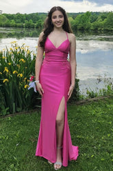 Fuchsia Spaghetti Straps Satin Mermaid Long Prom Dress with Appliques