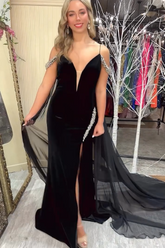 Black Spaghetti Straps Cold Shoulder Caped Mermaid Long Prom Dress with Beading