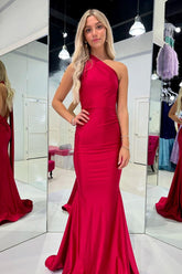 Red One Shoulder Satin Mermaid Long Prom Dress with Open Back