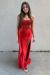 Glitter Red Spaghetti Straps Satin Mermaid Long Corset Prom Dress with Beading