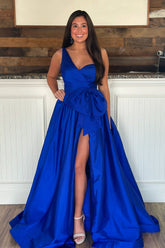 Royal Blue One Shoulder Princess Satin Long Prom Dress with Bow