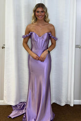 Trendy Lilac Off the Shoulder Satin Mermaid Long Corset Prom Dress
