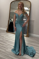 Grey Green Off the Shoulder Satin Mermaid Long Corset Prom Dress with Slit