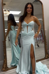 Light Green Sweetheart Satin Mermaid Long Corset Prom Dress with Slit