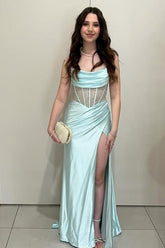 Green Strapless Satin Mermaid Long Corset Prom Dress with Beading