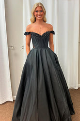 Black Off the Shoulder Princess Satin Long Corset Prom Dress with Beading