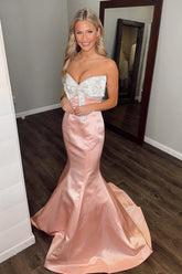 Chic Blush Sweetheart Satin Mermaid Long Prom Dress with Bow
