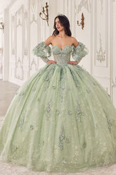 Dusty Sage Off the Shoulder Long Sleeve Appliques Princess Quinceanera Dress with 3D Flowers