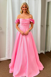 Blush Off the Shoulder Satin A-Line Long Prom Dress with 3D Flowers