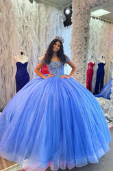 Sparkly Blue Off the Shoulder Ball Gown Tulle Quinceanera Dress with Beading