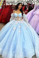 Sky Blue Princess Off the Shoulder Long Sleeves Quinceanera Dress with Appliques