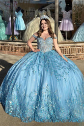 Blue Ball Gown Off the Shoulder Tulle Corset Quinceanera Dress with Appliques