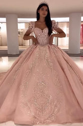 Sparkly Pink Square Neck Puff Sleeves Ball Gown Applique Quinceanera Dress with Train