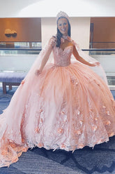 Pink Sweetheart Princess Tulle Applique Quinceanera Dress with Cape