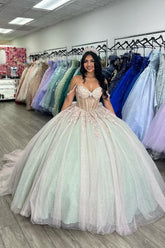 Sage Off the Shoulder Princess Tulle Applique Quinceanera Dress with Bow