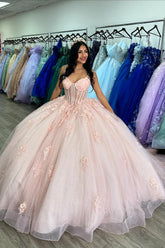 Pink Spaghetti Straps Princess Tulle Applique Quinceanera Dress with Bow