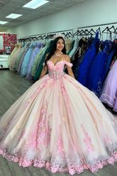 Pink Ball Gown Off the Shoulder Tulle Applique Corset Quinceanera Dress