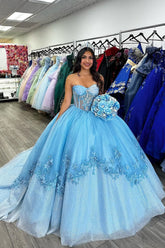 Blue Sweetheart Tulle Ball Gown Appliqued Quinceanera Dress with Sequin