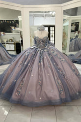 Sparkly Grey Blue+Purple Off the Shoulder Ball Gown Appliqued Quinceanera Dress with Train