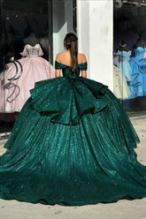 Sparkly Dark Green Off the Shoulder Princess Sequins Corset Quinceanera Dress