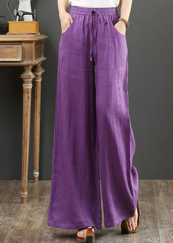 Boho Purple Pockets Elastic Waist Cotton Wide Leg Pants Summer Boho Purple Pockets Elastic Waist Cotton Wide Leg Pants Summer