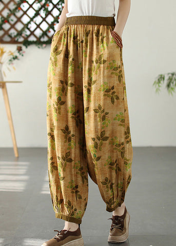 Bohemian Yellow Wrinkled Elastic Waist Crop Lantern Pants Bohemian Yellow Wrinkled Elastic Waist Crop Lantern Pants