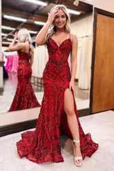V Neck Sequins Lace Mermaid Prom Dresses with Slit