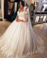 BMbridal Cap Sleeves Lace Wedding Dress Ball Gown V-Neck