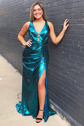Peacock Long Prom Dress With Criss Cross Back