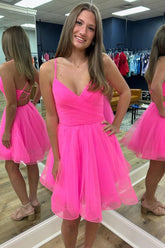 Cute A Line Spaghetti Straps Hot Pink Short Homecoming Dress with Criss Cross Back