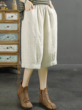Women Summer Solid Pocket Pleat Linen Knee-Length Pants