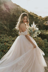 Bmbridal Off-the-Shoulder Champagne Beach Wedding Dress Lace Tulle Long