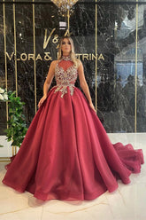 Bmbridal Burgundy Long Sleeves Evening Dress Ball Gown Tulle With Appliques