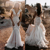 Bmbridal V-Neck Cap Sleeves Wedding Dress Mermaid With Appliques
