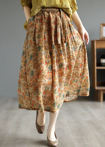 Blue Print Pockets Patchwork Linen Skirt Wrinkled Tie Waist Summer Blue Print Pockets Patchwork Linen Skirt Wrinkled Tie Waist Summer