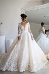 Bmbridal Long Sleeves Wedding Dresses Princess With Flowers Appliques