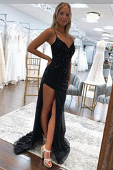 Mermaid Spaghetti Straps Black Sequins Long Prom Dress with Criss Cross Back