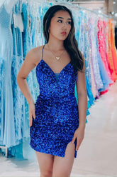 Sparkly Sheath Spaghetti Straps Royal Blue Sequins Short Homecoming Dress with Slit