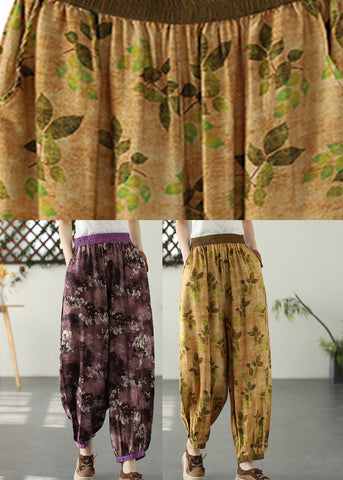 Bohemian Yellow Wrinkled Elastic Waist Crop Lantern Pants Bohemian Yellow Wrinkled Elastic Waist Crop Lantern Pants