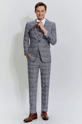 Grey Plaid Wide Peak Lapel 3 Piece Single Breasted Men's Suits