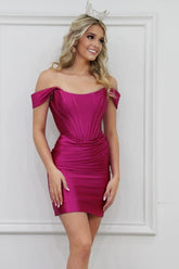 Sheath Off the Shoulder Hot Pink Short Homecoming Dress