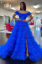 Off the Shoulder Ruffle Tiered Tulle Long Prom Dresses with Slit