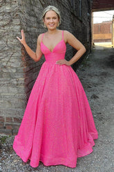 Fuchsia Sequins Spaghetti Straps A-Line Long Prom Dress